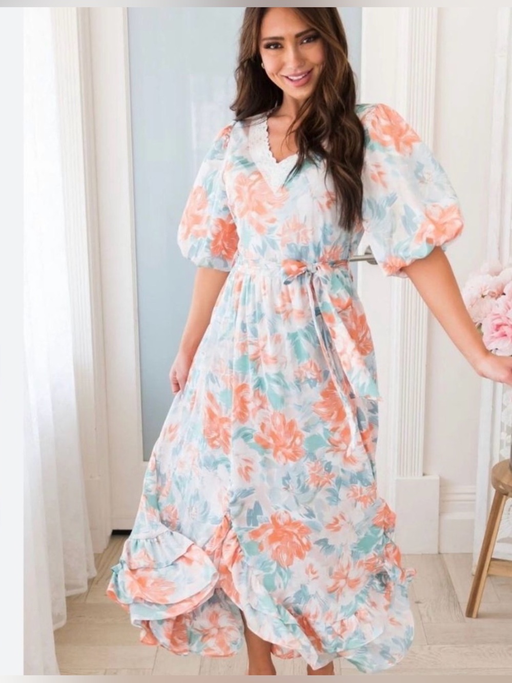 Polagram Peach & Green Floral V-neck Belted Dress, S